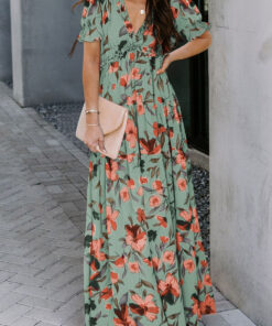 Green Fiery Floral Print Frilled V Neck Short Sleeve Maxi Dress