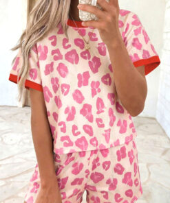 Rose Unique Leopard Print Contrast Trim Top Loose 2pcs Short Set