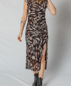Alternative view of Brown Abstract Print Mesh Cowl Neck Cap Sleeve Ruched Midi Dress with Slit