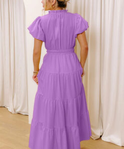 Alternative view of Lavendula Solid Color V Neck Short Puff Sleeve High Waist Tiered Maxi Dress