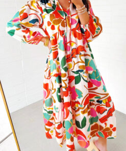 Orange Floral Print Split V Neck Tiered Maxi Dress