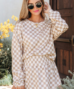 Khaki Checkered Long Sleeve Crop Top High Waist Skort 2pcs Set