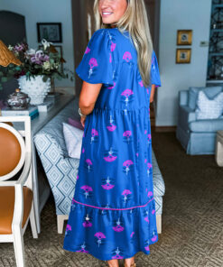 Alternative view of Blue Floral Print Notched Neck Butterfly Sleeve Shift Long Dress