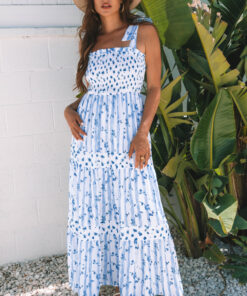 Sky Blue Floral Smocked Tied Straps A-Lined Tiered Maxi Dress