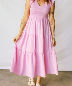 Pink Smocked Bodice Flutter Sleeve Fit Flare Tiered Midi Dress