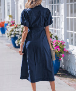 Alternative view of Sail Blue Full Buttons Collared Short Bubble Sleeve Long Denim Dress