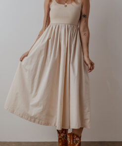 Beige Scoop Neck Ribbed Bodice Pleated Sleeveless Long Dress