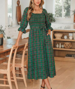 Green Tartan Plaid Square Neck Puff Sleeve Knot Waist Flared Midi Dress