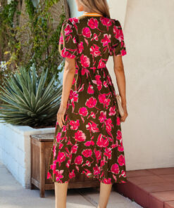 Alternative view of Green Floral Print Striped Trim Split Neck Short Puff Sleeve Ruffle Hem Maxi Dress