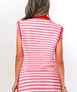 Alternative view of Sachet Pink Textured Stripe Print Contrast Trim Zip Collar Sleeveless 2pcs Skort Set