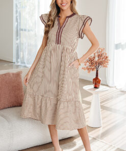 Brown Stripe Double Ruffled Short Sleeve Contrast Trim V Neck Midi Dress
