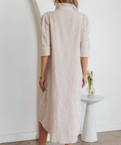 Alternative view of Khaki Stripe Frilled Collar Half Sleeve Shirt Maxi Dress