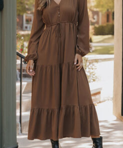 Chestnut Solid Long Sleeve Button V Neck Tiered Maxi Dress