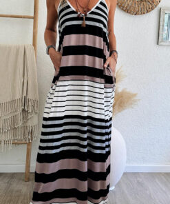 Multicolour Mixed Stripes Spaghetti Straps V Neck Maxi Dress