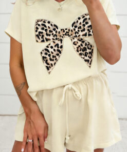 White Contrast Leopard Bow Patched V Neck Loose Tee Drawstring Shorts 2pcs Outfit