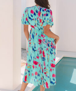 Alternative view of Sky Blue Abstract Print Short Puff Sleeve Tiered Maxi Dress