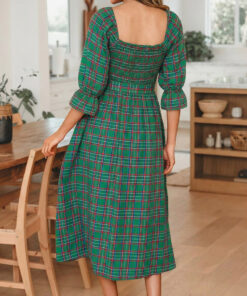 Alternative view of Green Tartan Plaid Square Neck Puff Sleeve Knot Waist Flared Midi Dress