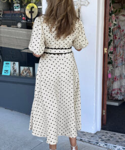 Alternative view of White Polka Dot Printed Contrast Scalloped Trim Shirt Collar Button Down Belted Midi Dress