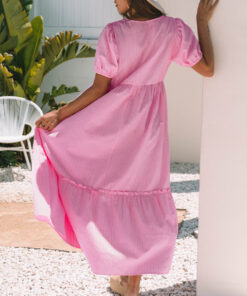 Alternative view of Pink Stripe V Neck Puff Short Sleeve Maxi Dress