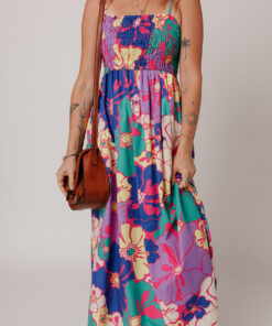 Purple Floral Print Shirred Spaghetti Strap Loose Maxi Dress