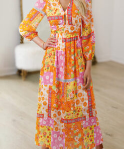 Alternative view of Orange Floral Patchwork Print Cut out Tied Back Bracelet Sleeve Maxi Dress