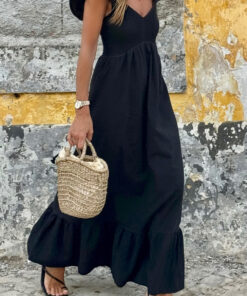 Black V Neck Flutter Sleeve Smocked Bodice High Waist Ruffle Maxi Dress