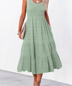 Green Shirred Pleated Square Neck Sleeveless Midi Dress