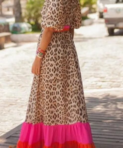 Alternative view of Bright Pink Leopard Colorblock Patchwork Bubble Sleeve Maxi Dress