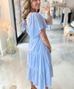 Alternative view of Beau Blue Flowy Short Sleeve Lace Detail Square Neck Tiered Midi Dress