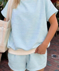 Sky Blue Stripe Cuffed Sleeve Contrast Mock Neck Tee Casual 2pcs Short Set