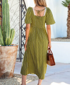 Alternative view of Green Polka Dot Print Lacy Neckline Smocked High Waist Maxi Dress