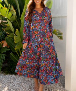 Blue Floral Print Tassel Tie V Neck Long Sleeve Flowy Long Dress