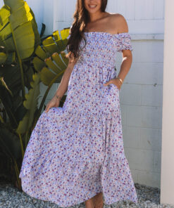 Purple Floral Short Bubble Sleeve Shirred High Waist Maxi Dress