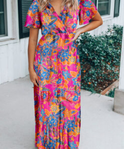 Rose Wrap V Neck Floral Maxi Dress