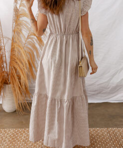 Alternative view of Khaki Stripe Flutter Sleeve Buttoned Front Slit Maxi Dress
