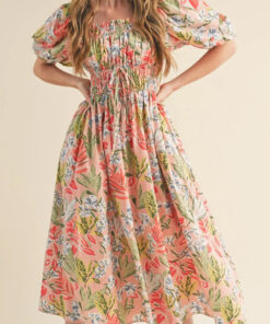 Apricot Pink Floral Smocked Bust Bubble Short Sleeve Maxi Dress