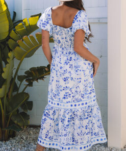 Alternative view of Sky Blue Floral Print Square Neck Bubble Sleeve High Waist Maxi Dress