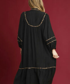 Alternative view of Black Contrast Leopard Trim Split Neck Long Sleeve Casual Midi Dress