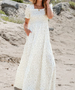 White Frilly Shirred Bodice Tiered Floral Maxi Dress