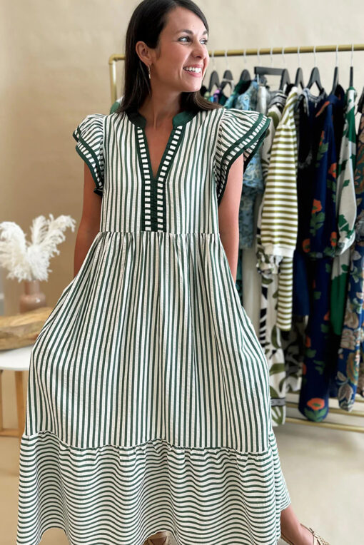 Green Stripe Double Ruffled Short Sleeve Contrast Trim V Neck Midi