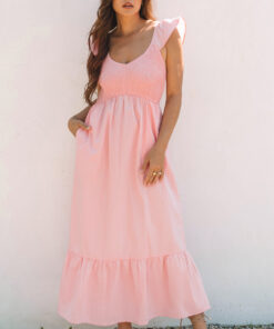Pink V Neck Flutter Sleeve Smocked Bodice High Waist Ruffle Maxi Dress
