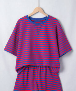 Alternative view of Navy Stripe Striped Ribbed Cotton Two-Piece Short Set with Chest Patch Detail