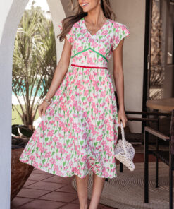 Pink Floral Print Contrast Trim V Neck Short Sleeve Elegant Midi Dress