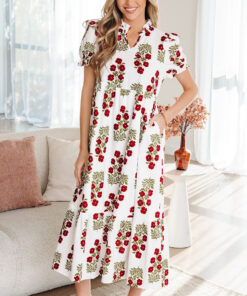 Beige Floral Short Bubble Sleeve Tiered Maxi Dress