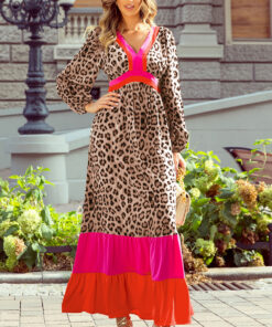 Brown Leopard Color Block V Neck Loose Fit Maxi Dress