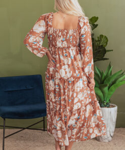 Alternative view of Brown Floral Print Shirred Square Neck High Waist Maxi Dress
