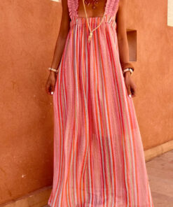 Pink Stripe Ruffled Straps Ribbon Knot Flowy Vacation Maxi Dress