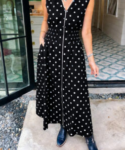 Black Polka Dot Print Contrast Trim V Neck Zip Up Sleeveless Dress