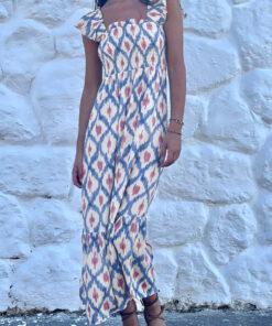 Sky Blue Ethnic Geometric Print Square Neck Smocked High Waist Ruffle Sleeve Dress