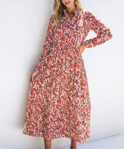 Orange Abstract Print V Neck Pleated High Waist Midi Dress